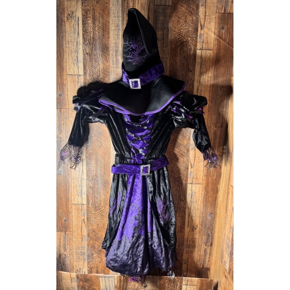 Kids Witch Costume Dress with Hat Halloween Cosplay Black Purple Spiderweb - Picture 1 of 8